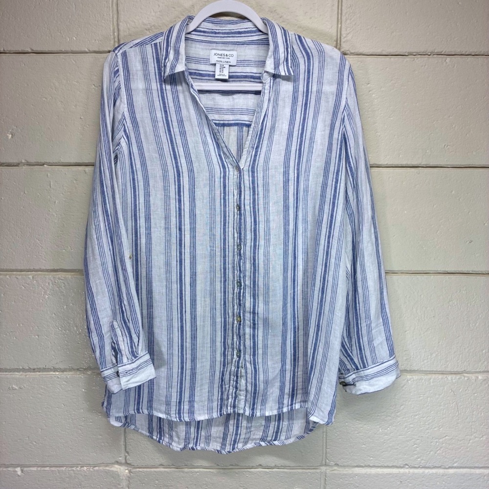 Jones & Co Linen Button‎ Down Womens Medium Blue White Striped Roll Tab Coastal
